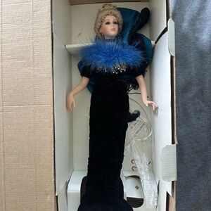 M. DIANE Elegant Black and Blue Doll with Feathered Shawl VINTAGE